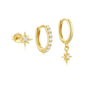 RENSINO Fashion Jewelry 18k Gold Vermeil Star drop Hoops 925 Sterling Silver Zirconia Starburst Earrings Set