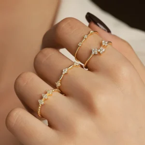 RENSINO Fashion Jewelry 925 Sterling Silver 18K Gold Plated Four Leaf Clover Zircon Open Adjustable Rings For Women