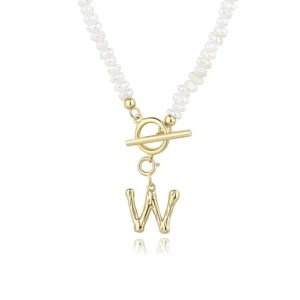 RENSINO Fashion Jewelry 925 Sterling Silver Alphabet Pendants & Charms Toggle Clasp Pearl Chain Necklace for Women