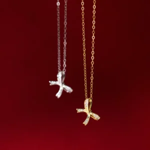 RENSINO Fashion Jewelry 925 Sterling Silver Bow Knot Pendant Bowknot Zircon Gold Plated Necklaces for Women