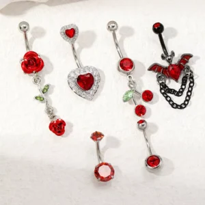 RENSINO Fashion Jewelry Body Chain Red Piercing Navel Ring Sets Stainless Steel Belly Rings