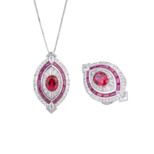 RENSINO Fashion Jewelry Eco friendly Copper 8*10MM Red Zircon Women’s Insert Design Ring and Necklace Combo Set for Valentine’s Day Gift