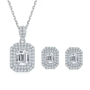 RENSINO Fashion Jewelry Emerald Cut S925 Sterling Silver Moissanite Pendant Necklace Stud Earrings Engagement Wedding Jewelry Sets