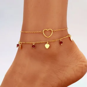 RENSINO Fashion Jewelry Girls Non Tarnish Cute Ankle Red Heart 18K Gold Anklets for Women