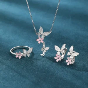 RENSINO Fashion Jewelry Ins Trendy Internet Celebrity Hot Item Butterfly Drop Glue 925 Sterling Silver Necklace Ring Earnail Set