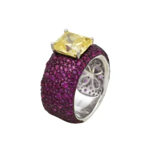 RENSINO Fashion Jewelry Princess Yellow CZ Solitaire Statement Ring Silver Rhodium Plated Pave Setting Purple CZ Cocktail Ring