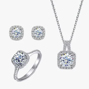 RENSINO Fashion Jewelry S925 Sterling Silver Set Moissanite Square Ring Stud Necklace Ladies Three Piece Wedding Jewelry Set Ornament