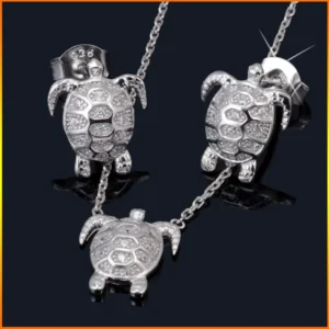 RENSINO Fashion Jewelry Set 925 Sterling Silver Zircon Stone Turtle Necklace Earring Jewelry Set for Children