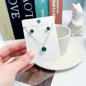 RENSINO Fashion Jewelry Set Emerald Zircon Sliver Plating Pendant Necklace and Stud Earrings Set for Women