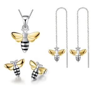 RENSINO Fashion Jewelry Sets 18K Gold Plated 925 Silver Honey Bee Unique Design Pendants Necklace Rings Earrings for Women Wedding