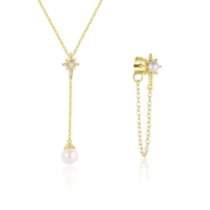 RENSINO Fashion Jewelry Sets 925 Sterling Silver Eight Pointed Star Zircon Pearl Pendant Y Lariat Necklace Drop Earrings