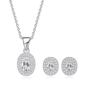 RENSINO Fashion Jewelry Sets High Quality 925 Silver Micro Pave Geometric Zircon Oval Necklace Earring Set Women Wedding Gift Rhodium