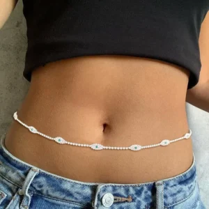RENSINO Fashion Jewelry Silver Plated Shiny Rhinestone Tennis Chain Body Chains Crystal Devil Eye Belly Waist Chain for Women