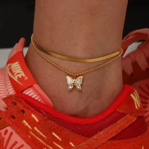 RENSINO Fashion Jewelry Stainless Steel Butterfly Charm Double Layers Herringbone Chain Anklet for Women