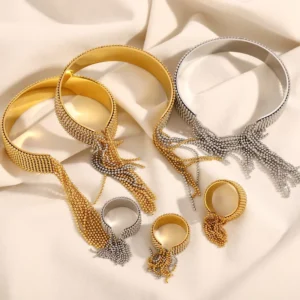 RENSINO Fashion Jewelry Stainless Steel Gold Bead Tassel Bracelet and Ring Jewelry Set for Gift