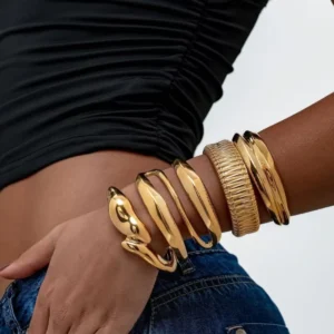 RENSINO Fashion Jewelry Statement Wide Bracelet Waterproof 18K PVD Gold Plated Stainless Steel Trendy Open Chunky Designer Cuff Bangle