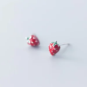 RENSINO Fashion Jewelry Women Girls Strawberry Earrings 925 Sterling Silver Sweet Fruits Red Strawberry Shape Studs Earrings