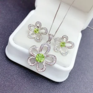 RENSINO Fashion Luxury 925 Pure Silver Rhodium Plated Natural Olivine Link Jewelry Set Ear Nail Pendant for Women’s Party Daily Wear