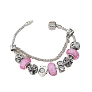RENSINO Fashion Luxury Bangles Women Silver Charm Bead Crystal Flower Heart Bracelets Pulsera Punk Zirconia Bracelet Jewelry