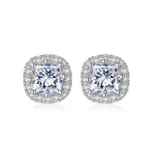 RENSINO Fashion Luxury Fine Jewelry 925 Sterling Silver Full Diamond Square Stud Earrings for Wedding