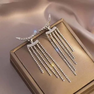 RENSINO Fashion Luxury Silver Rhinestone Tassel Earrings Bridal Dainty Bling Long Tassel Crystal Earrings Women Accessories