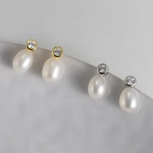 RENSINO Fashion Minimalist 925 Sterling Silver CZ Zircon Natural Freshwater Pearl Stud Earrings for Women Jewelry Gift