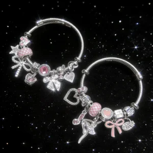 RENSINO Fashion Mixed Charms Pendant Dancer Girl Bowknot Crown Stainless Steel Bangle Women Cute Charms Bracelet for Gift