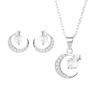 RENSINO Fashion Moon and Star Jewelry Set in Real Silver 925 Gemstone Necklace and Earrings