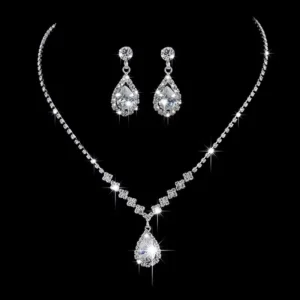RENSINO Fashion Multilayer Square Diamond Necklace Silver Teardrop Shape Necklace Stud Earrings for Women Birthday Wedding Jewelry Set