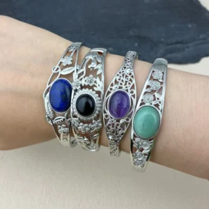 RENSINO Fashion Natural Crystal Crafts Healing Stones Amethyst Black Obsidian Multi Silver Bangle Cuff Bracelet for Women