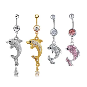 RENSINO Fashion Navel Piercing for Women Lovely Dolphin Belly Button Ring Stainless Steel Jewelry Gold Plated Belly Piercing