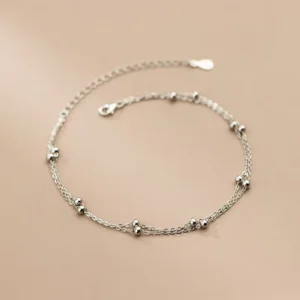 RENSINO Fashion New 925 Sterling Silver Double Layer Chain Round Beads Anklets for Women Lady Summer Jewelry