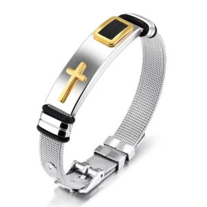 RENSINO Fashion New Design Mens Adjustable Expandable Belt Buckle Stainless Steel Mesh Mens Cross Charm Bracelet