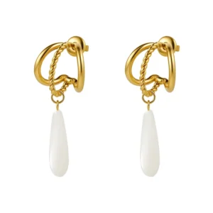 RENSINO Fashion PVD 18k Gold Plated Stainless Steel Waterproof C-Shaped Cat’s Eye Teardrop Drop Earrings For Women Earrings E261900