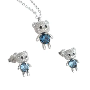 RENSINO Fashion Pave Setting Zircon Sterling Silver Bear Necklace Earrings Jewelry Sets with Colorful Crystal