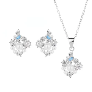 RENSINO Fashion Pearl 925 SliverJewelry Set Flower Pendant Necklace Earrings 925 Sterling Silver Charm Jewelry Set