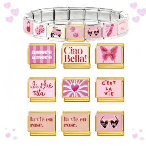 RENSINO Fashion Pink Series Love Dice Big Red Lips Headphones Italian Link Fit 9mm Stainless Steel Bracelet Making DIY Charm Jewelry