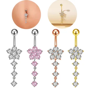 RENSINO Fashion Punk Style Flowers Stainless Steel Silver Navel Ring Crystal Rhinestone Bell Button Pierced Body Navel Nail Unisex 10mm