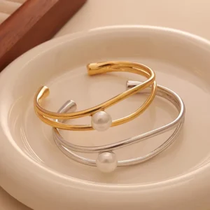 RENSINO Fashion Real Pearl Bracelets Cuff Bangles Waterproof Jewelry Gold Bracelet Girls Bangles Designs Open Bangle Bracelet for Women