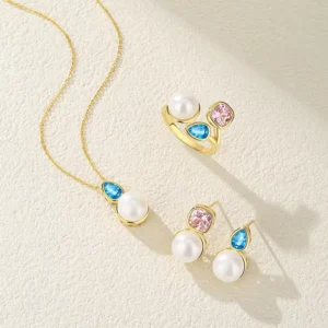 RENSINO Fashion Real Pearl Bridal Jewelry Set 925 Silver Gold Plated Colored Zircon Natural Pearl Set of Earring Necklace Ring