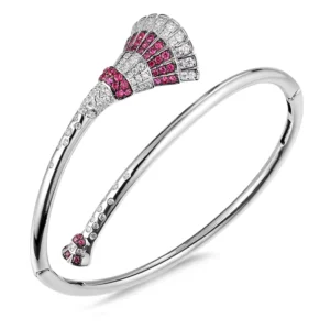 RENSINO Fashion Red Gem Plume Bangle Pave Zirconia Feather Fan Bangle Jewelry Women 925 Silver Open Bangle