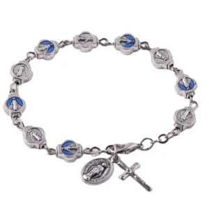 RENSINO Fashion Religious Antique Silver Plated Cross & Metal Virgin Mary Beads Blue Decade Rosary Women Chain Bracelets for Gift