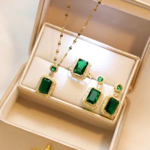 RENSINO Fashion Retro Temptation Clavicle Chain Green Set Emerald Crystal Zircon Silver Needle Earrings Titanium Trendy