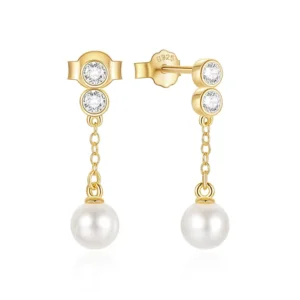 RENSINO Fashion S925 Sterling Silver Pearl Earrings Gifts for Women Tassel Round Link Chain Stud Earrings