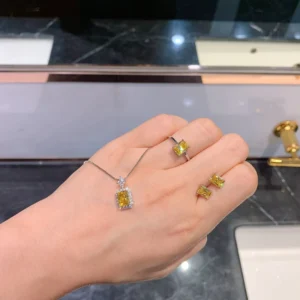RENSINO Fashion Shiny Small Yellow Diamond Wedding Ring Retro Platinum Plated Square Citrine Ear Stud Ring Necklace Jewelry Set Women
