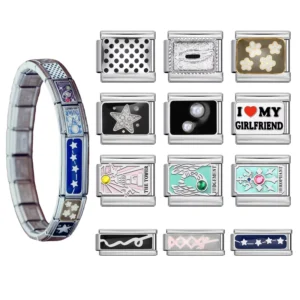 RENSINO Fashion Silver Color Tarot Card Star Polka Dot Ribbon Stainless Steel Charms Link Fit 9mm Bracelet Making DIY Jewelry
