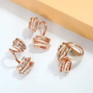 RENSINO Fashion Silver Jewelry Adjustable Ring and Drop Earrings Gold Plated Zircon Ladies Jewelry