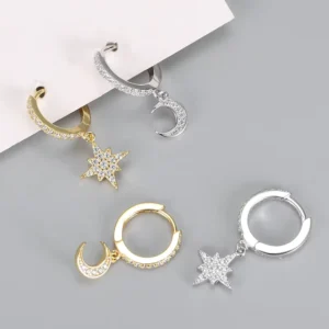 RENSINO Fashion Silver Jewelry Sets 925 Sterling Silver Moon Star Snake Dangle Earring Huggie Earrings Gold Plated Hoop Earrings Women