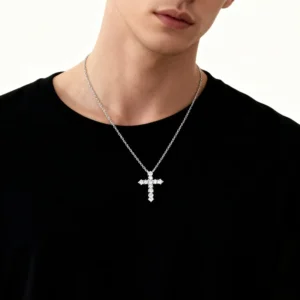 RENSINO Fashion Silver Plated Cross Pendant Necklace Round Cut CZ Diamond Prong Setting Religious Necklace for Women Men
