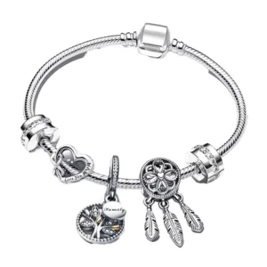 RENSINO Fashion Silver Plated Heart & Butterfly Charm Bangle Beautiful Bracelet Delicate DIY Crystal Beaded Classic Unisex Jewelry